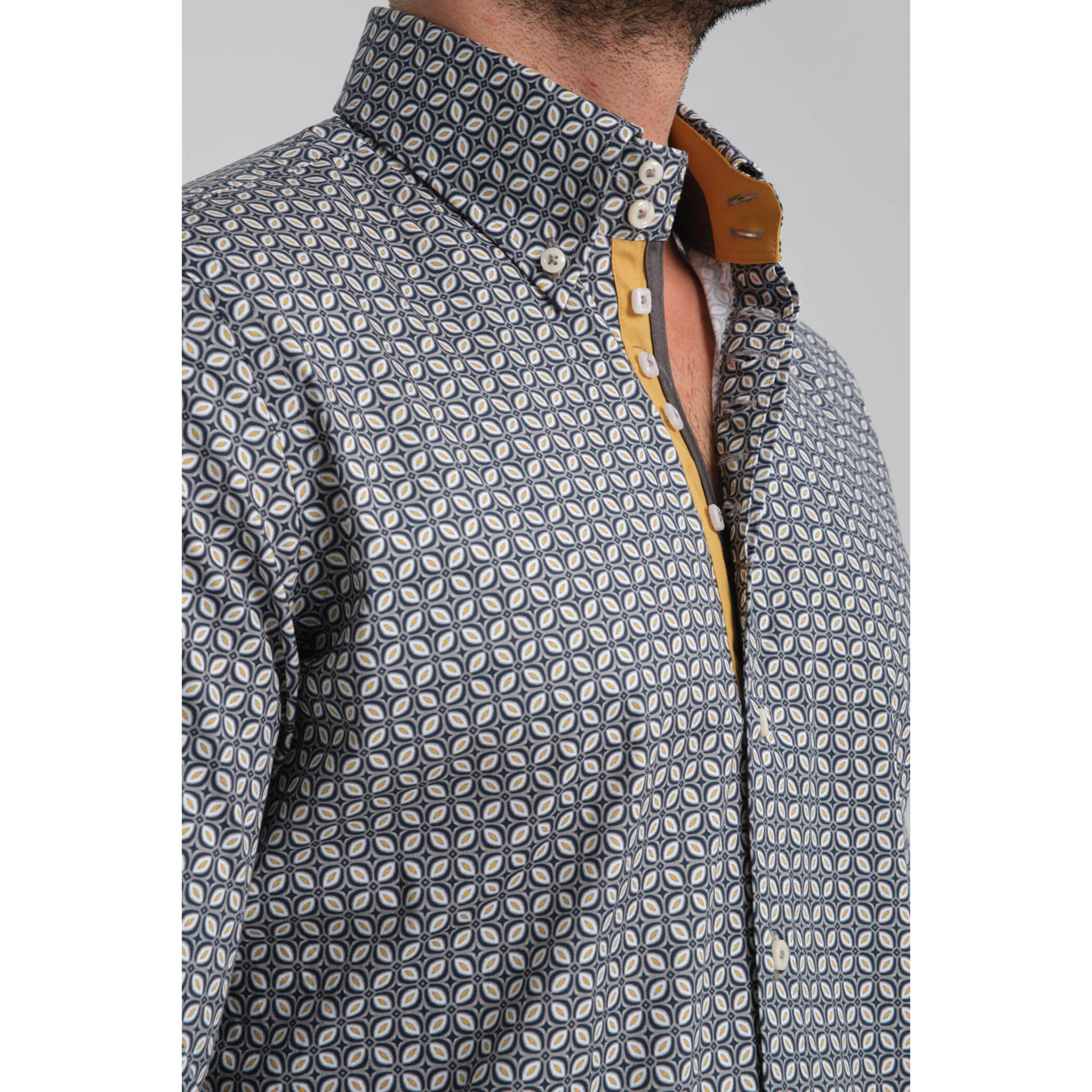 Camicia Uomo 2 Bottoni Button Down Slim Popeline Stretch Stampato Grigio Medio/Blu