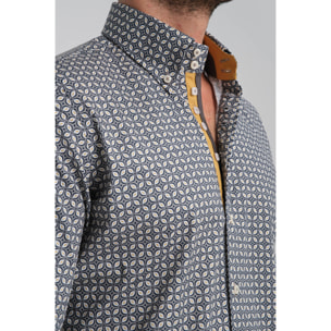 Camicia Uomo 2 Bottoni Button Down Slim Popeline Stretch Stampato Grigio Medio/Blu