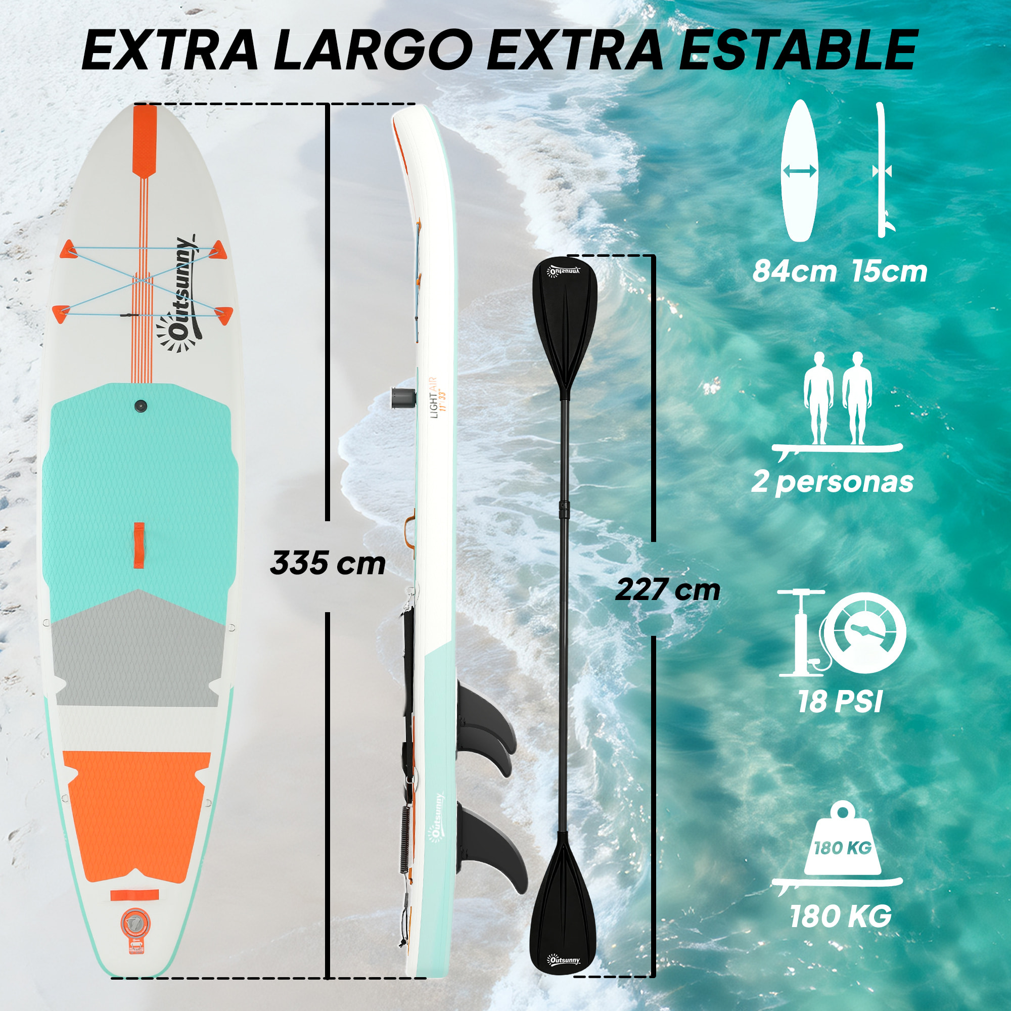 Tabla Paddle Surf Hinchable con Accesorios, 335 cm, Remo Convertible, Asiento, Aletas, Stand Up Paddle Board con Superficie Antideslizante, Bomba, Mochila y Funda, Carga 180 kg, para Adultos