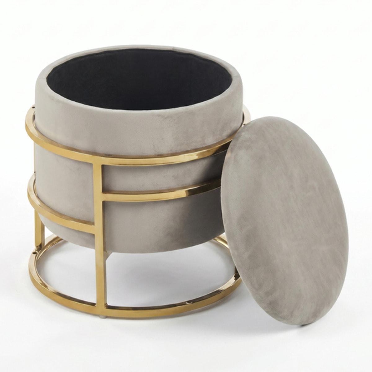 Pouf Contenitore Rotondo in Velluto con Coperchio e Base in Acciaio Dorata, Seduta Imbottita con Vano Contenitore dallo Stile Elegante per Soggiorno, Camera da Letto e Ingresso