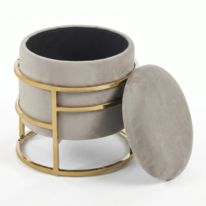 Pouf Contenitore Rotondo in Velluto con Coperchio e Base in Acciaio Dorata, Seduta Imbottita con Vano Contenitore dallo Stile Elegante per Soggiorno, Camera da Letto e Ingresso
