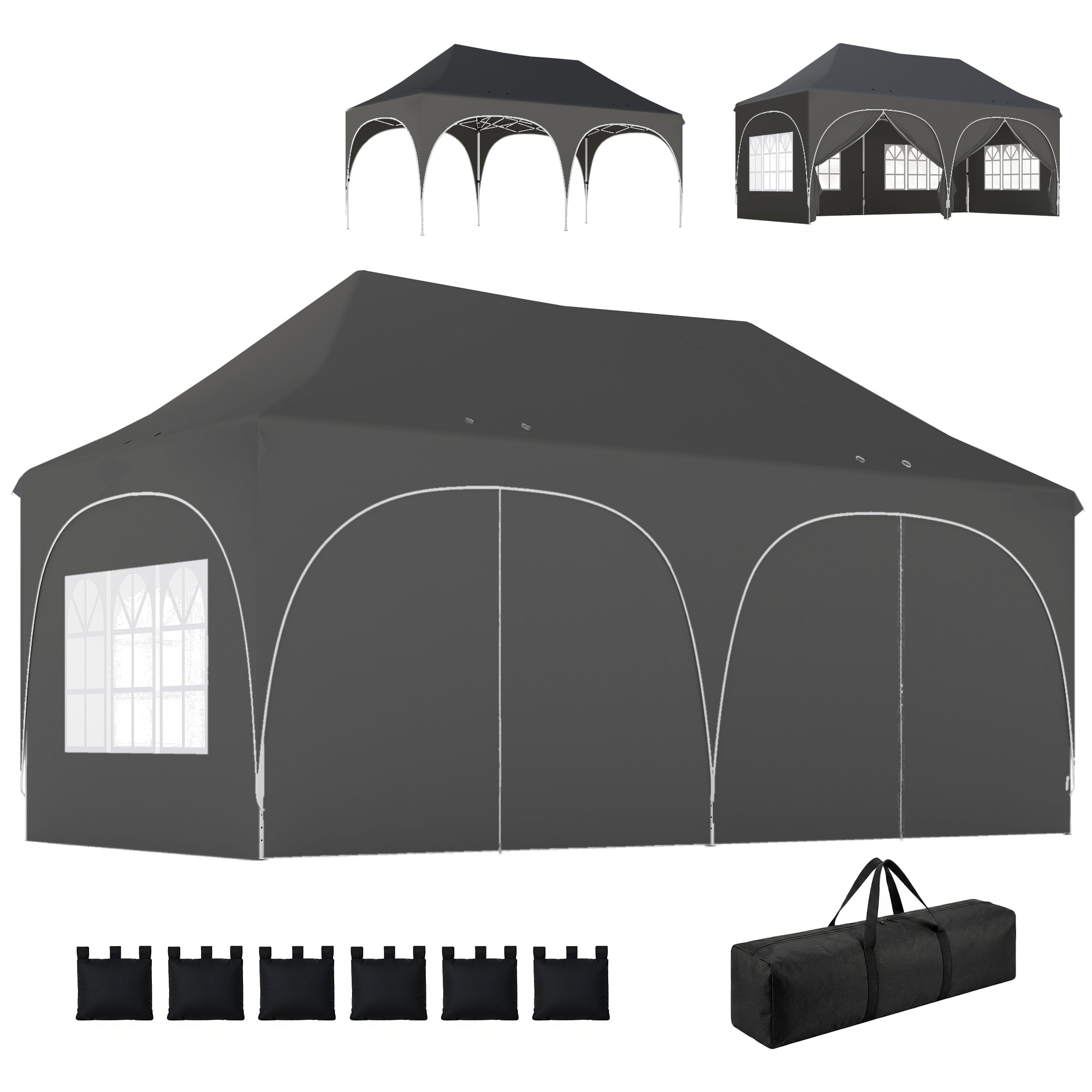 Tonnelle pliante 3x6m imperméable anti-UV, barnum avec 6 parois & 6 sacs de sable - tente de réception 12 trous de drainage - pavillon pop-up, 4 fenêtres église pour mariage, marché - gris