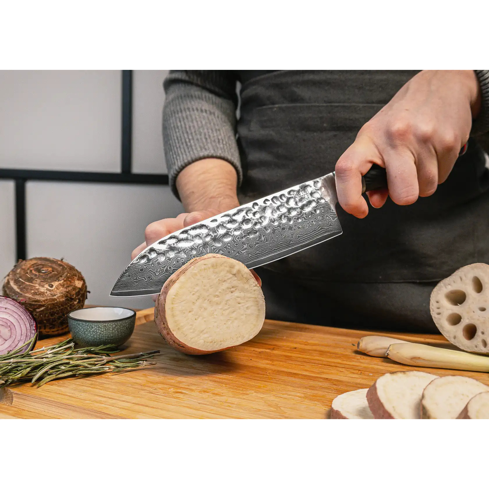 Couteau Santoku | Lame 180 mm | Acier Inoxydable Japonais Damas