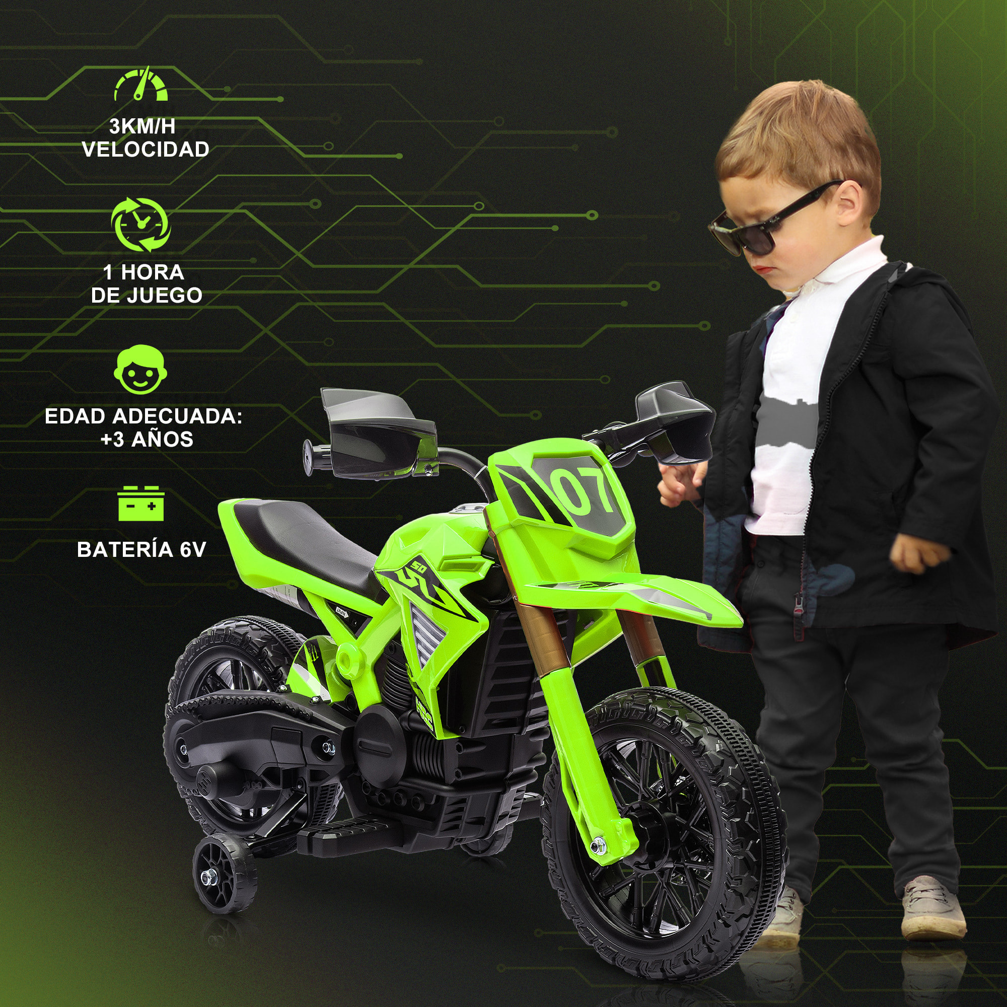 Moto Eléctrica para Niños de +3 Años Moto de Batería 12V para Niños con Ruedas de Entrenamiento Acelerador en Puño y Bocina Carga 30 kg Verde