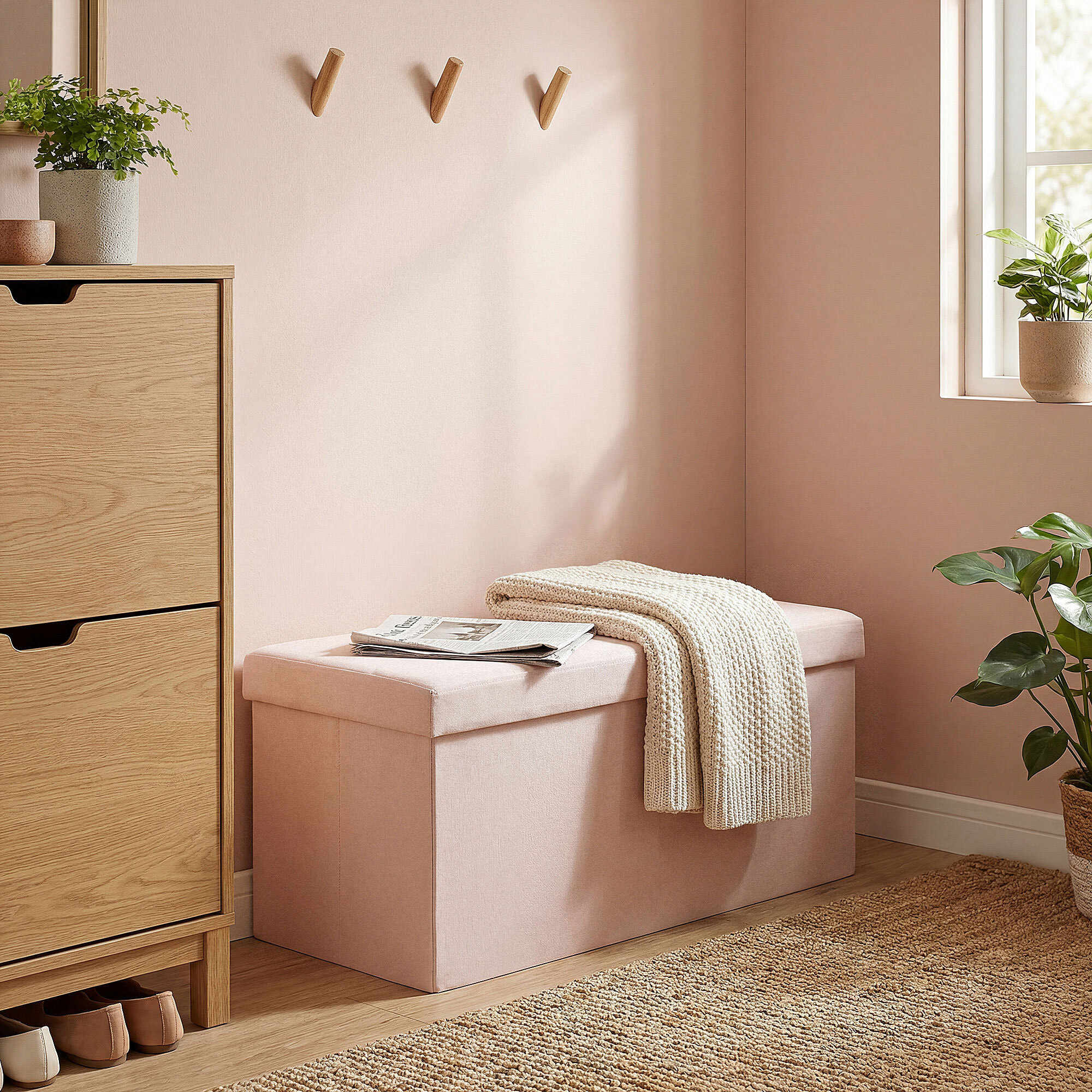 Puff Almacenaje, Banco Almacenaje Plegable, 84 L, 76x38x38 cm, Tapizado en Lino Sintético, Baúl de Almacenamiento, Carga 120 kg, Taburete para Sala de Estar, Dormitorio, Entrada, Rosa