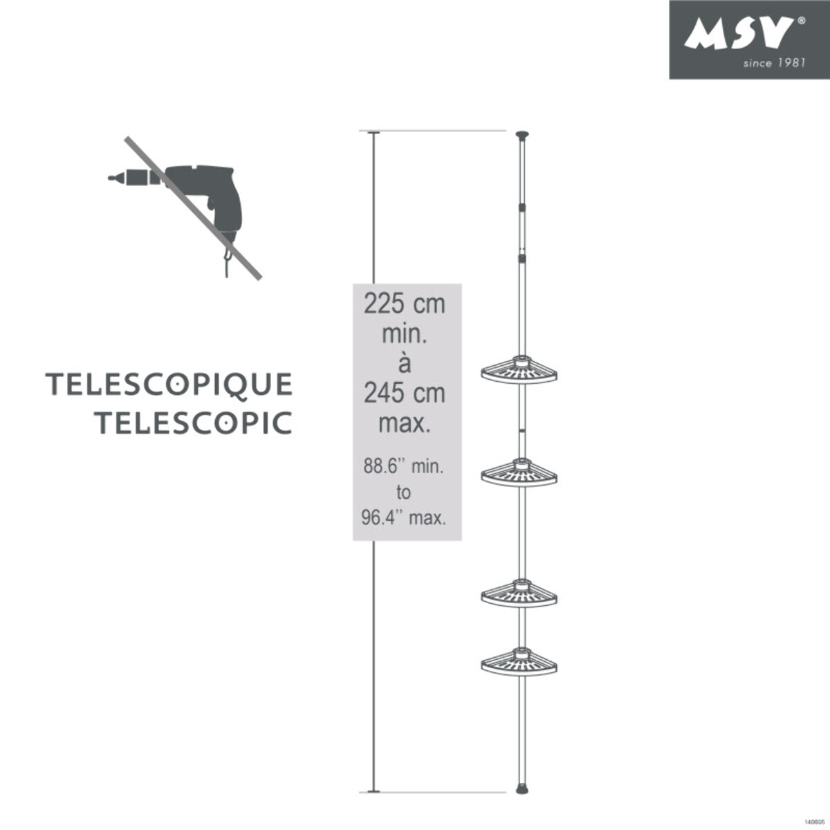 MSV Etagère de douche d'angle auto-portée 125-245cm Blanc telescopique - Sans perçage - 4 tablettes