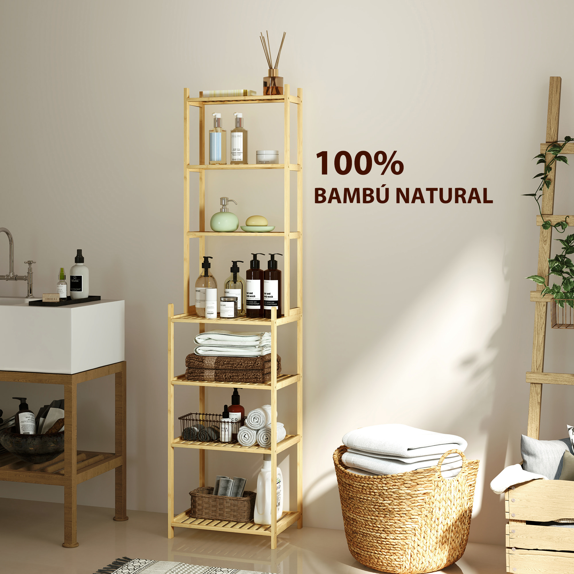 Estantería de Baño de Bambú de 7 Niveles, Estantería de Almacenaje Diseño de Lamas para Cocina, Baño, Salón, 44x33x180 cm, Natural