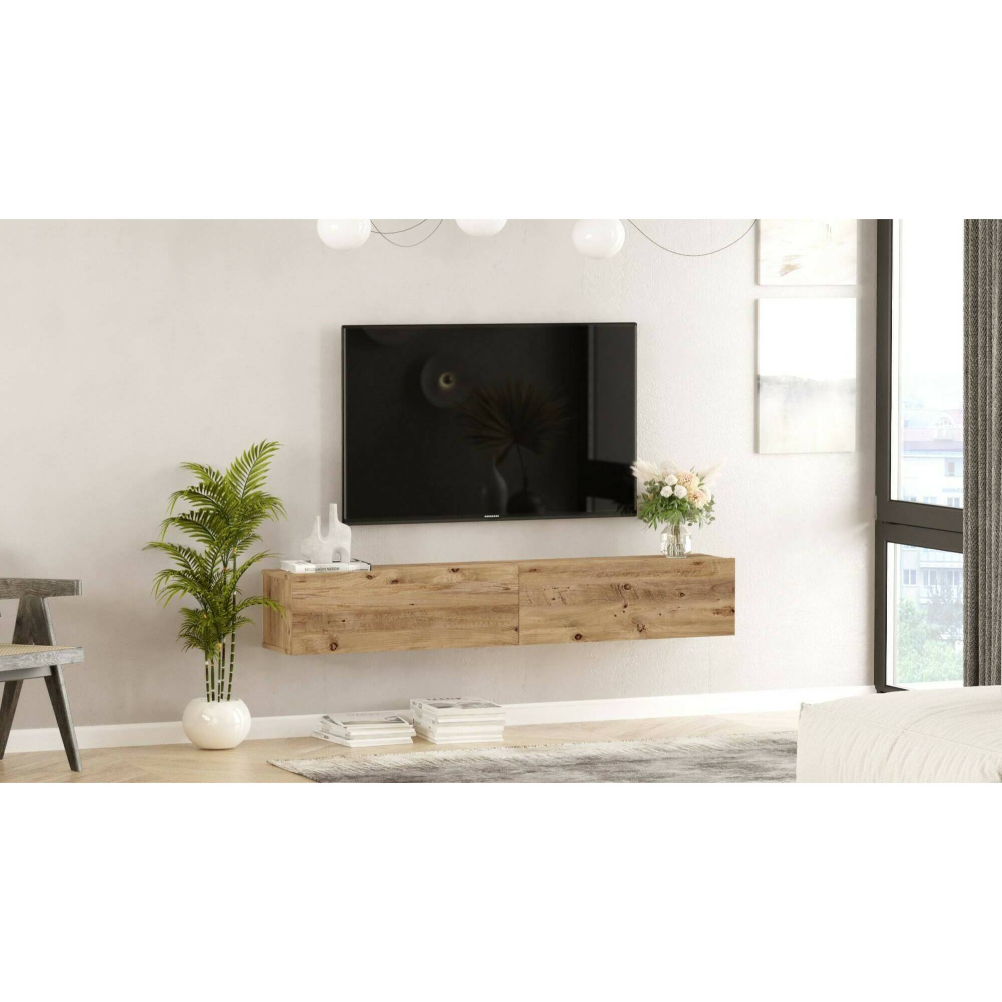 Mobile porta TV Dpirche, Credenza da soggiorno, Armadio basso per TV, Base parete attrezzata, 180x32h30 cm, Quercia