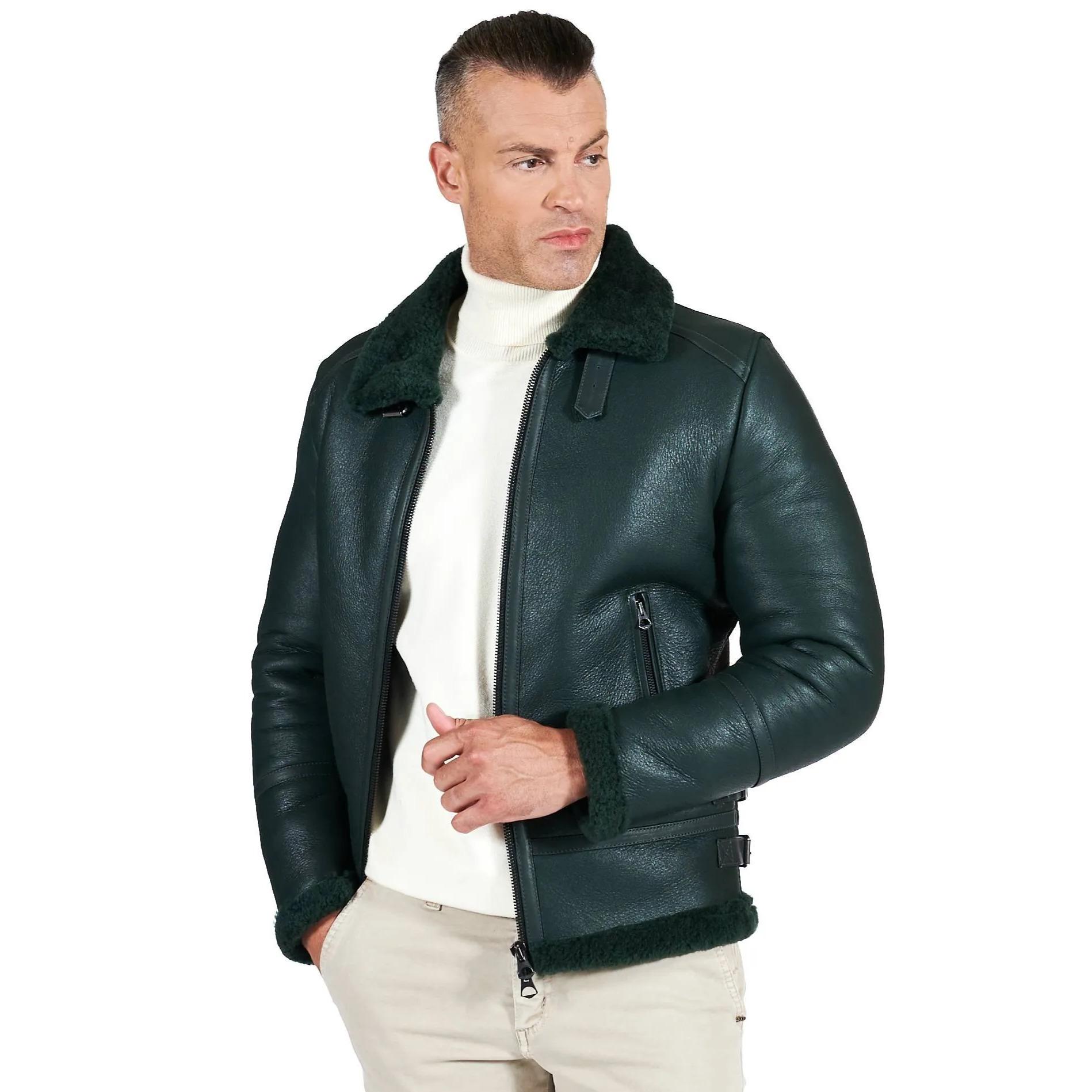 Montone Shearling verde biker uomo collo camicia con fibbia