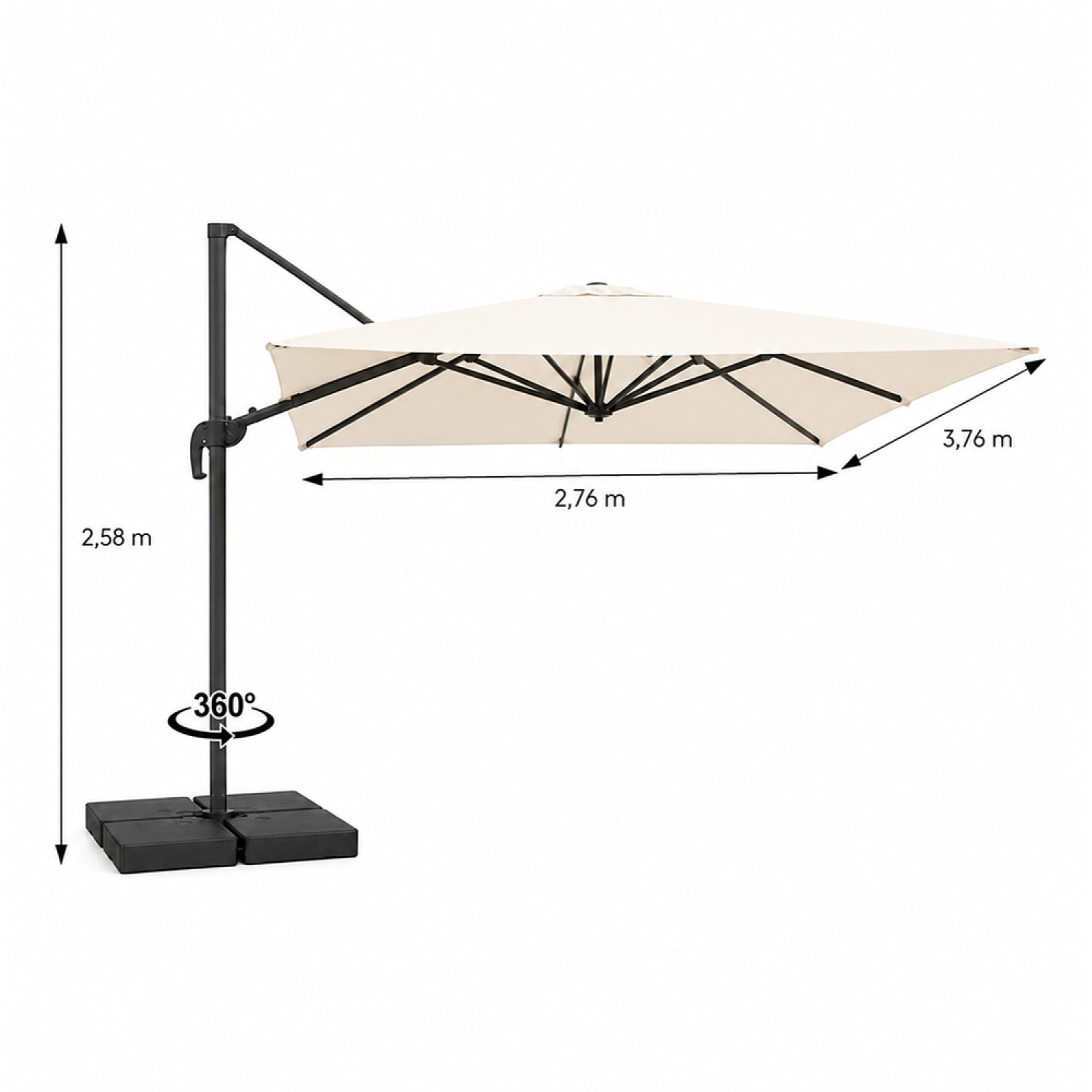 Parasol rectangulaire 4x3m déporté rotatif écru en aluminium GHAZIE