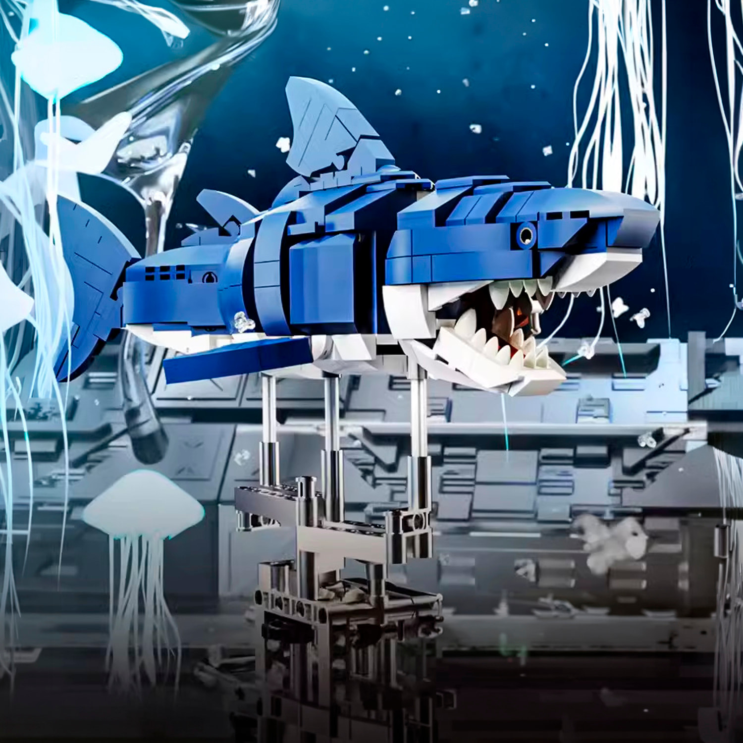Maqueta 3D mecanizada de tiburón con 687 piezas, equipada con luces integradas y mecanismo de manivela que permite movimiento dinámico.