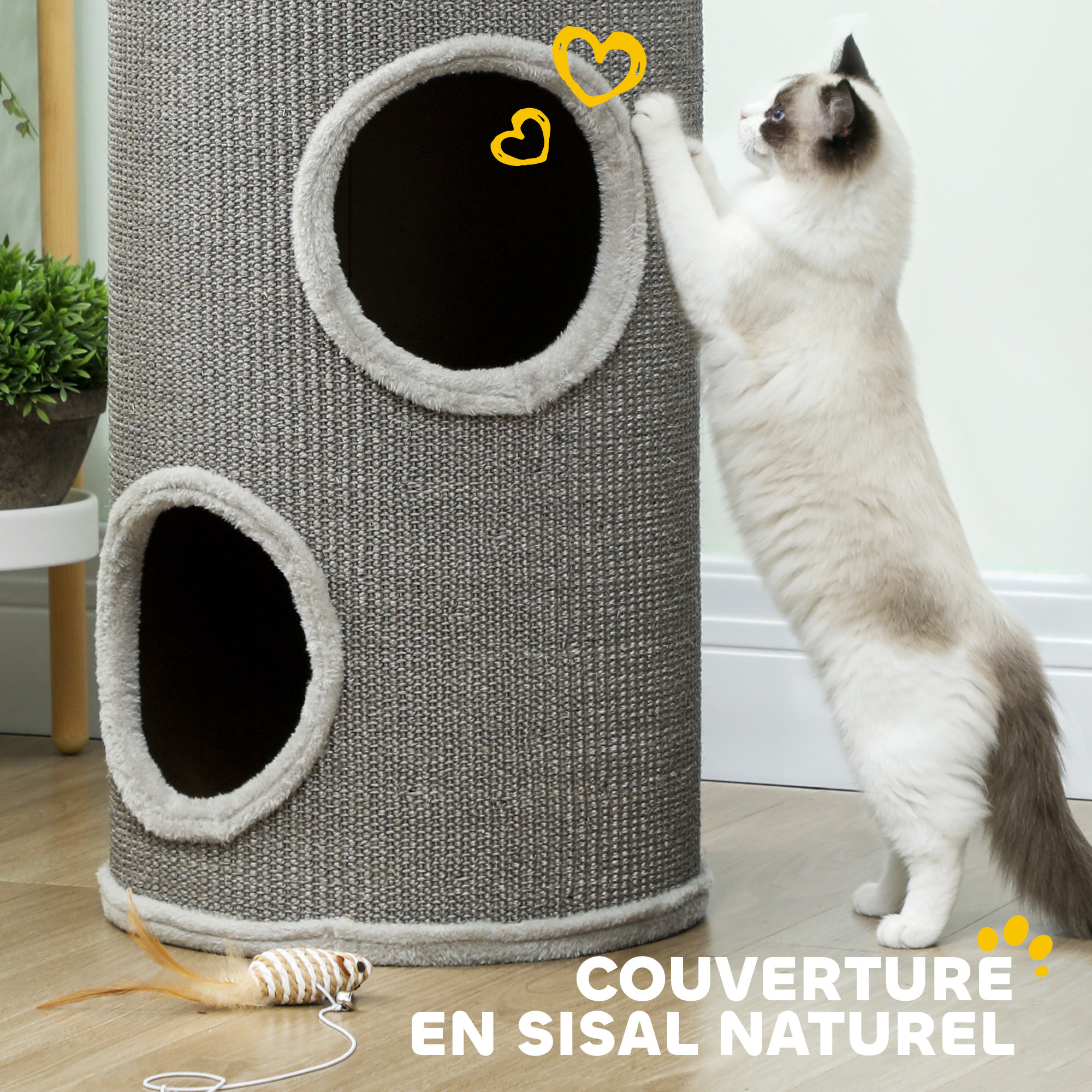 Arbre à chat cylindrique - tour à griffer pour chat - tonneau griffoir - 2 niches + plateforme - sisal peluche gris