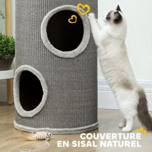 Arbre à chat cylindrique - tour à griffer pour chat - tonneau griffoir - 2 niches + plateforme - sisal peluche gris
