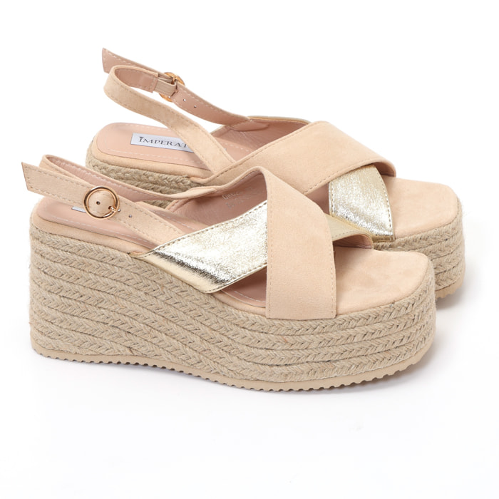 Sandali in simil pelle scamosciata con zeppa in rafia