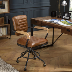 GASTON - Fauteuil DESK vintage cuir marron et métal noir à roulettes accoudoirs en bois