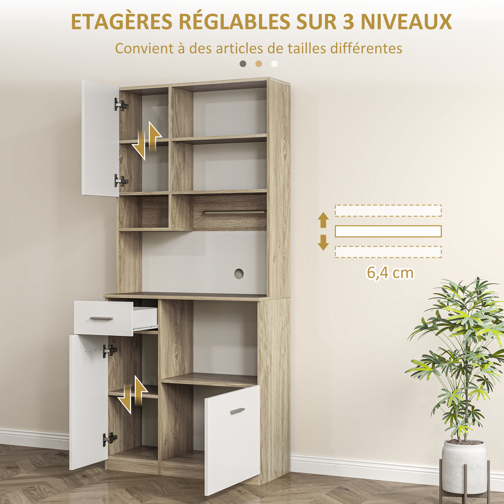 Buffet haut de cuisine - 3 portes, 2 étagères, 4 niches, tiroir, grand plateau - blanc effet bois