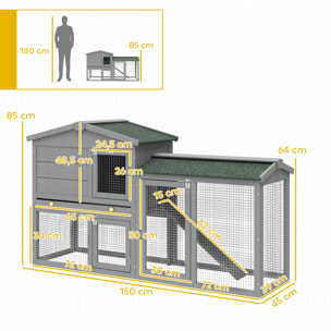 Conejera de Madera de 2 Niveles, Jaula para Conejos Grande con Techo Asfáltico, Bandeja Extraíble y Escalera, Conejera para Exterior, para Cobayas y Hámsteres, 150x45x85 cm, Gris