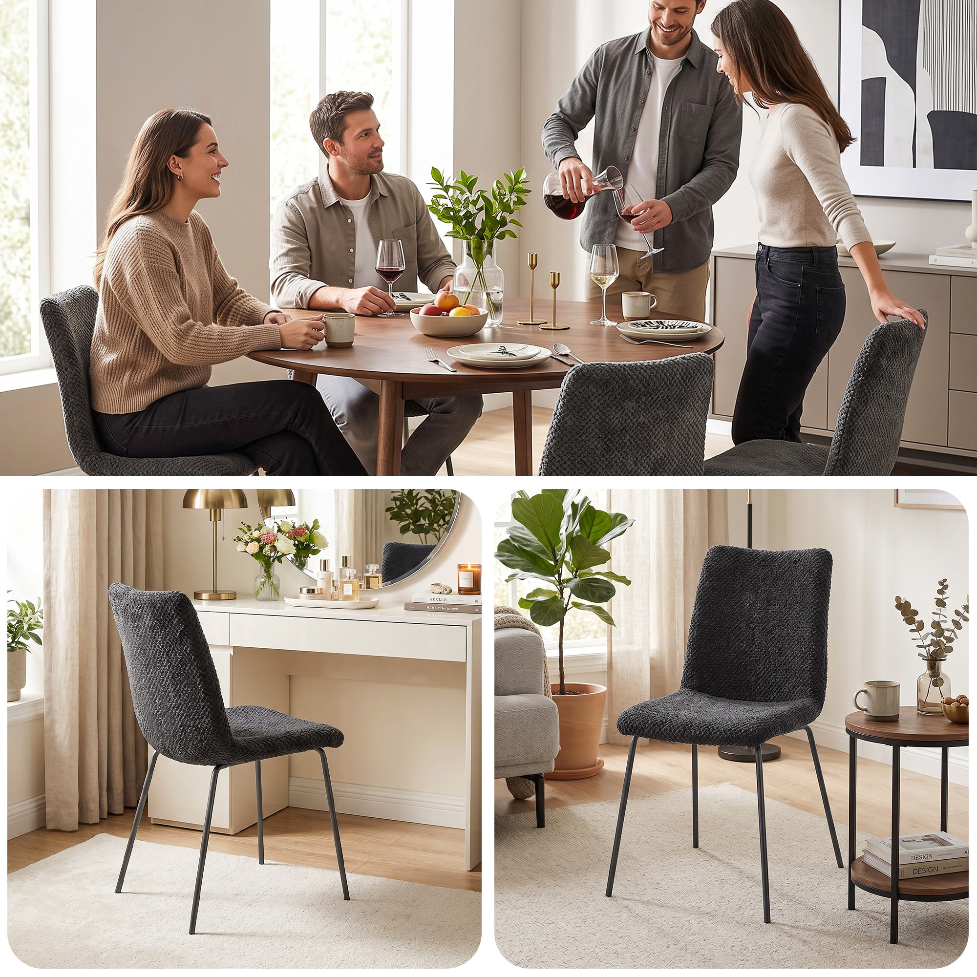 Pack de 2 Sillas de Comedor, Sillas de Cocina Modernas, Tapizadas de Terciopelo, Asiento y Respaldo Acolchados, Patas de Acero, Gris Oscuro