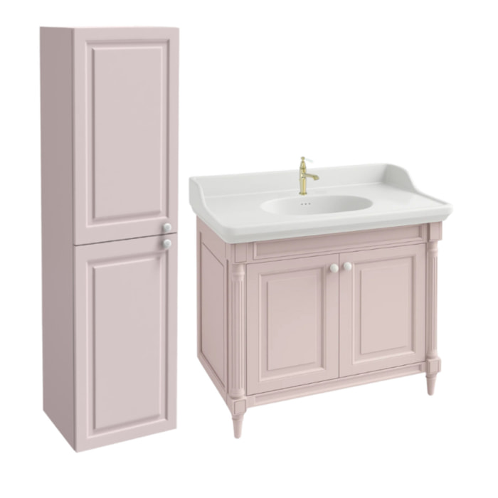 Pack meuble vasque Cléo 1889 rose velours + colonne gauche + mitigeur or