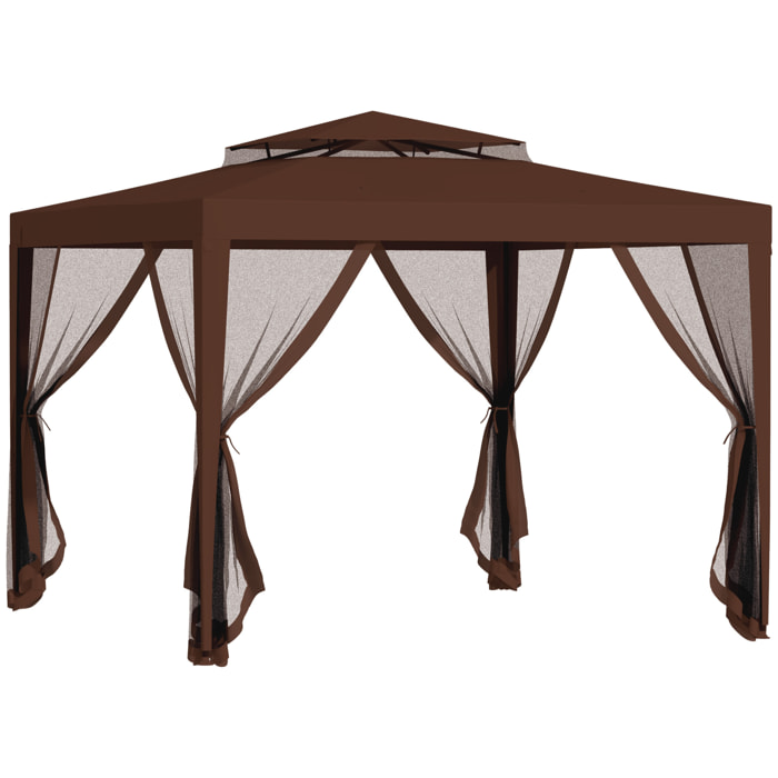 Carpa de Jardín 3x3 m Cenador Desmontable de Exterior Gazebo con 4 Mosquiteras Laterales Techo Doble y Marco Metálico Anti-UV Impermeable Pabellón para Terraza Patio Marrón