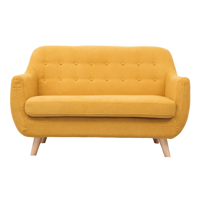 Canapé scandinave déhoussable 2 places en tissu effet velours jaune moutarde et bois clair YNOK