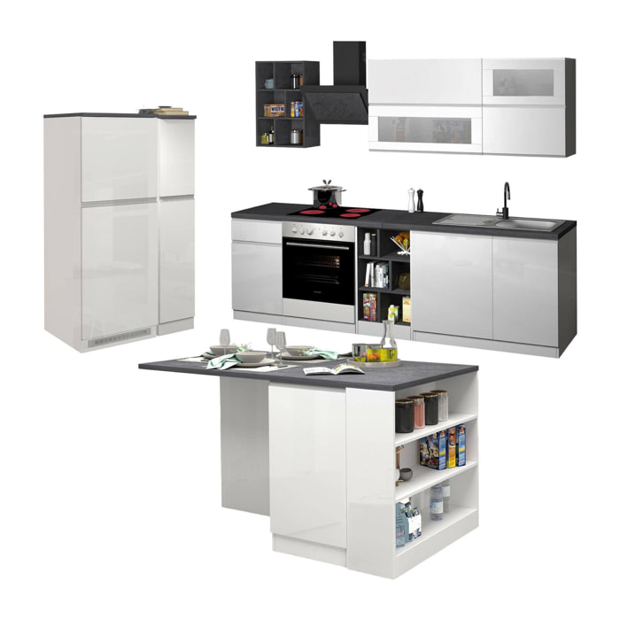 Cucina completa Balme, Set con dispensa, Mobile per cucinotto, Kit blocco con isola e portafrigo, 100% Made in Italy, Bianco lucido e Ardesia