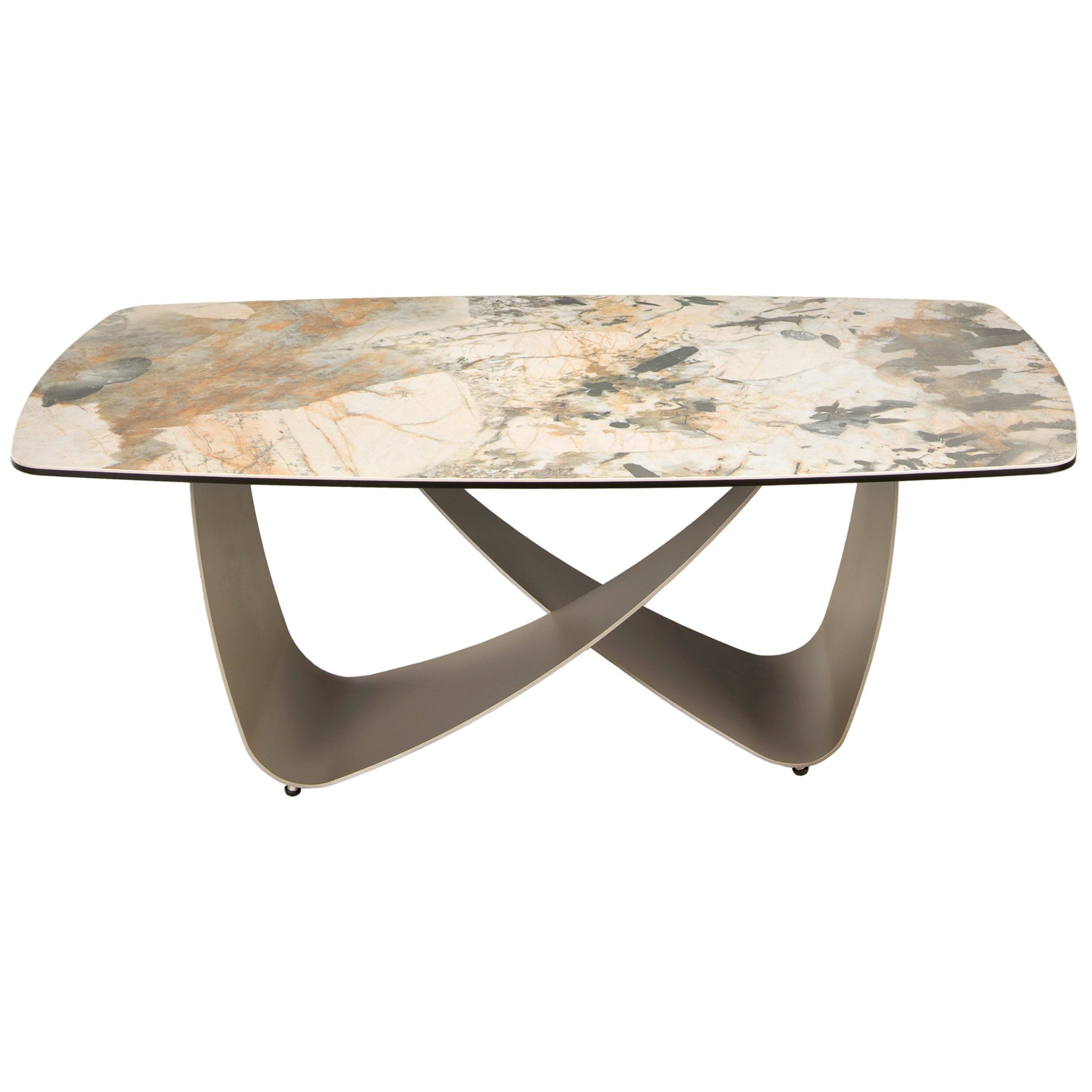 Mesa centro ovalada barril con tapa de mármol porcelánico en tonalidades tierra y grises en acabado mate y unas patas de acero inoxidable en taupé acabado metalizado 120x70x43cm