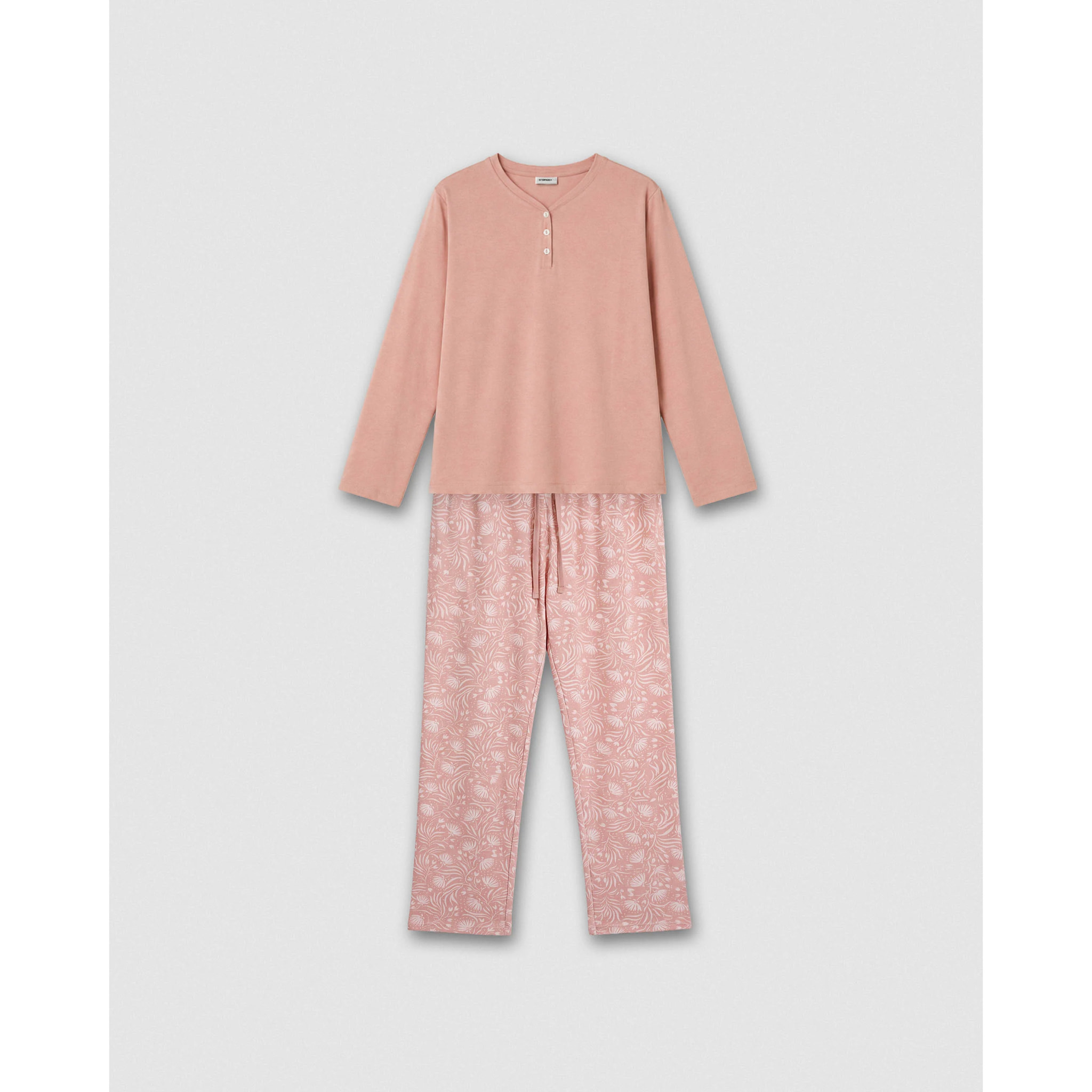 Pijama largo de algodón con escote pico dusty rosa