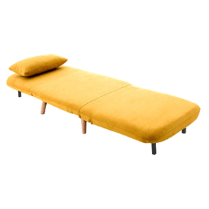 Fauteuil convertible scandinave en tissu effet velours jaune moutarde et bois clair AMIKO