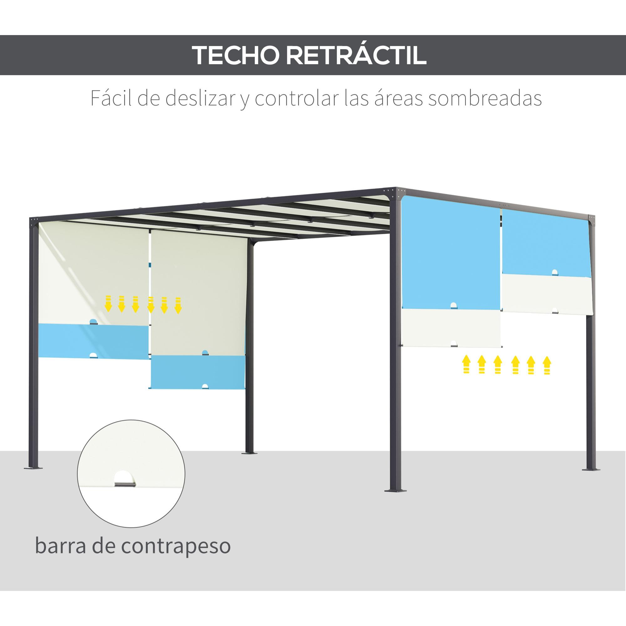 Pérgola de Jardín 3x4 m con Techo Retráctil Cenador con Luces LED Energía Solar Marco de Acero Carpa para Patio Terraza Balcón Crema