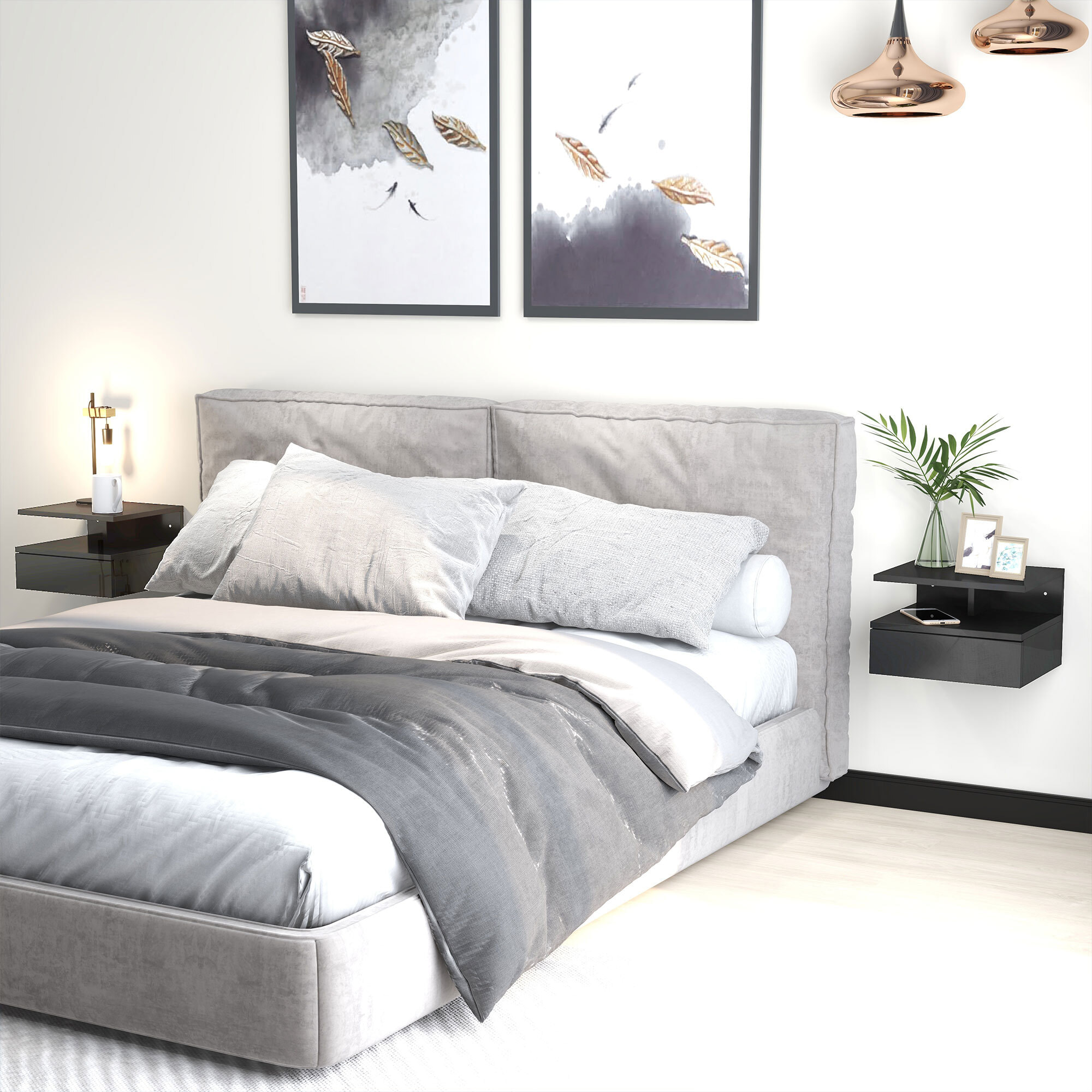 Juego de 2 Mesitas de Noche Flotantes, Mesillas de Noche Dormitorio con Cajón, Estante Abierto, para Sala de Estar, 35x32x22,5 cm, Negro Brillo