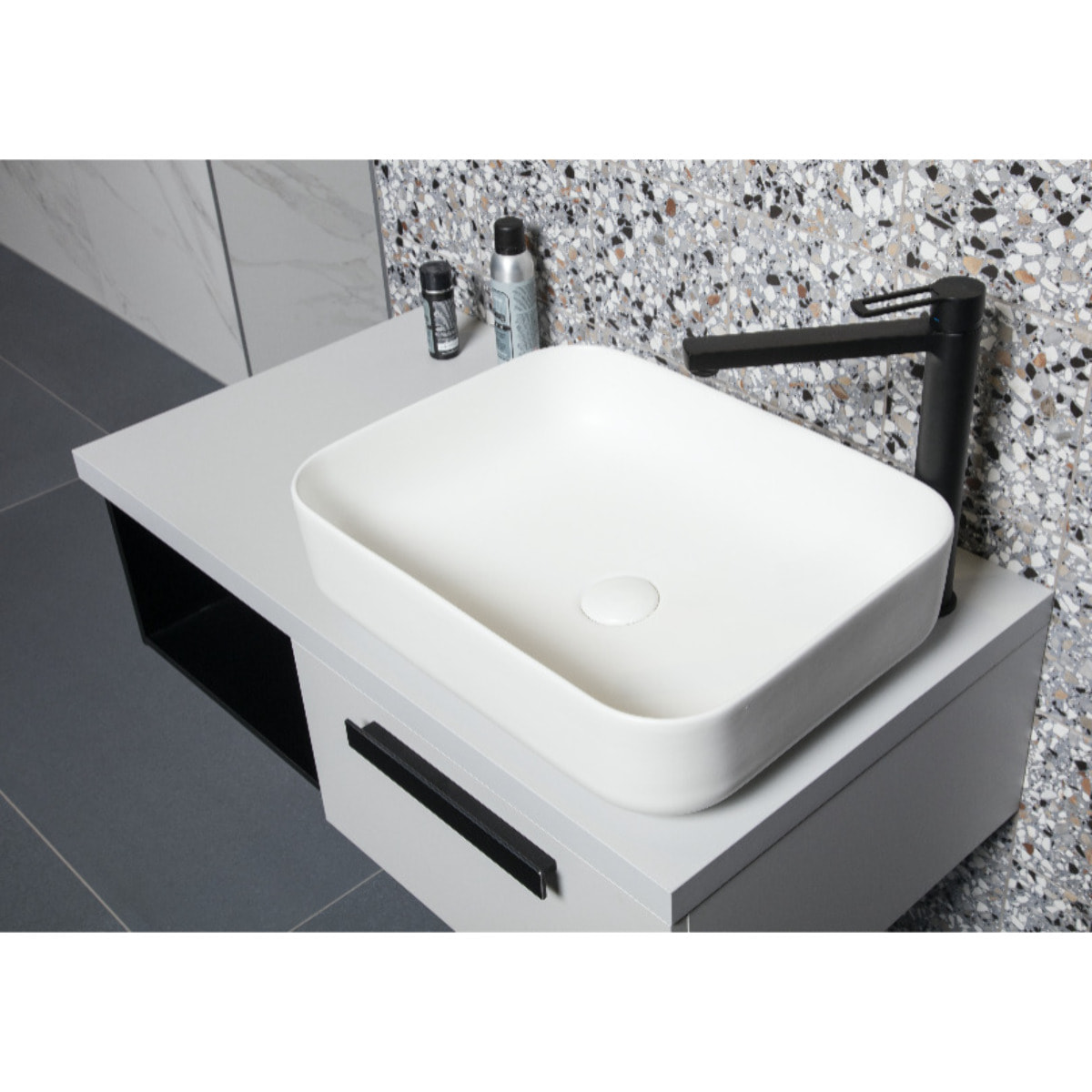 Set vasque à poser rectangulaire 50x39x13cm sans trop-plein + bonde à écoulement libre Infinitio blanc