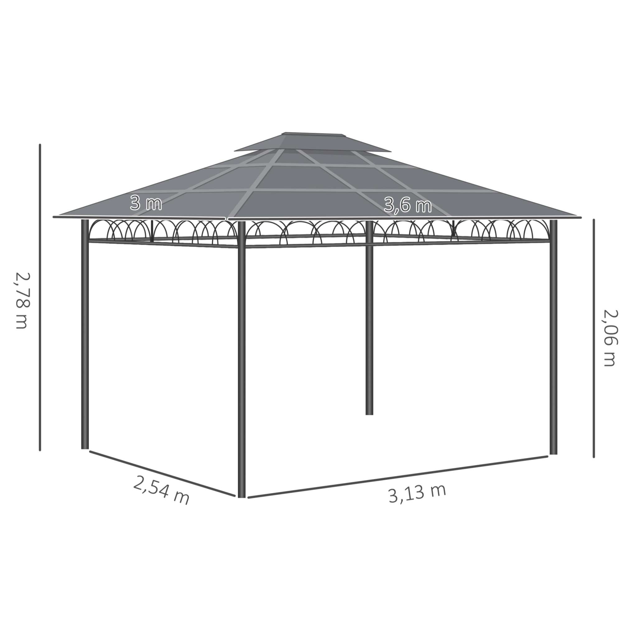 Cenador de Jardín 3,6x3m con Techo Doble de Policarbonato 4 Cortinas Mosquiteras