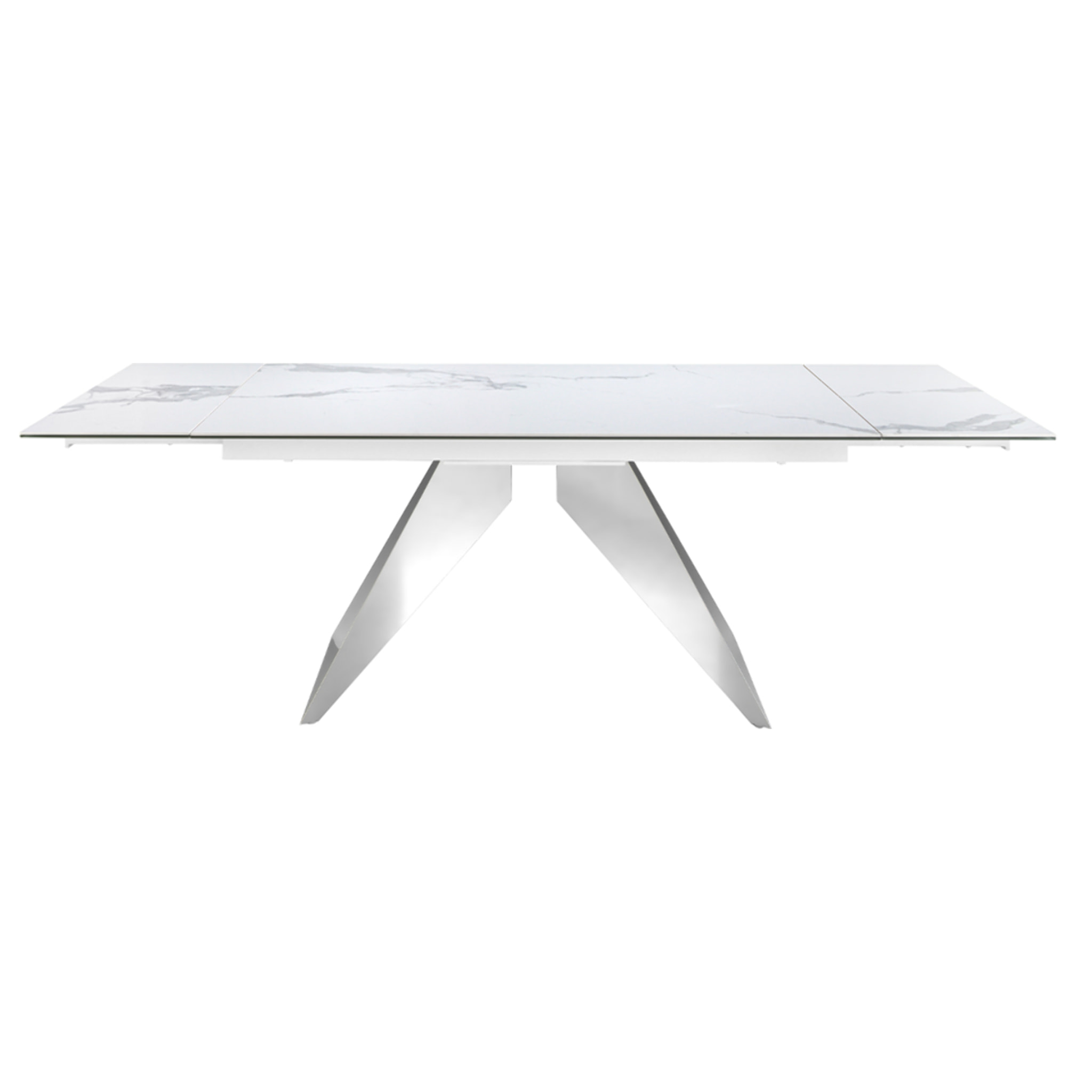 Mesa comedor extensible rectangular con tapa de mármol porcelánico blanco con vetas en gris en acabado brillo 160x90x76cm