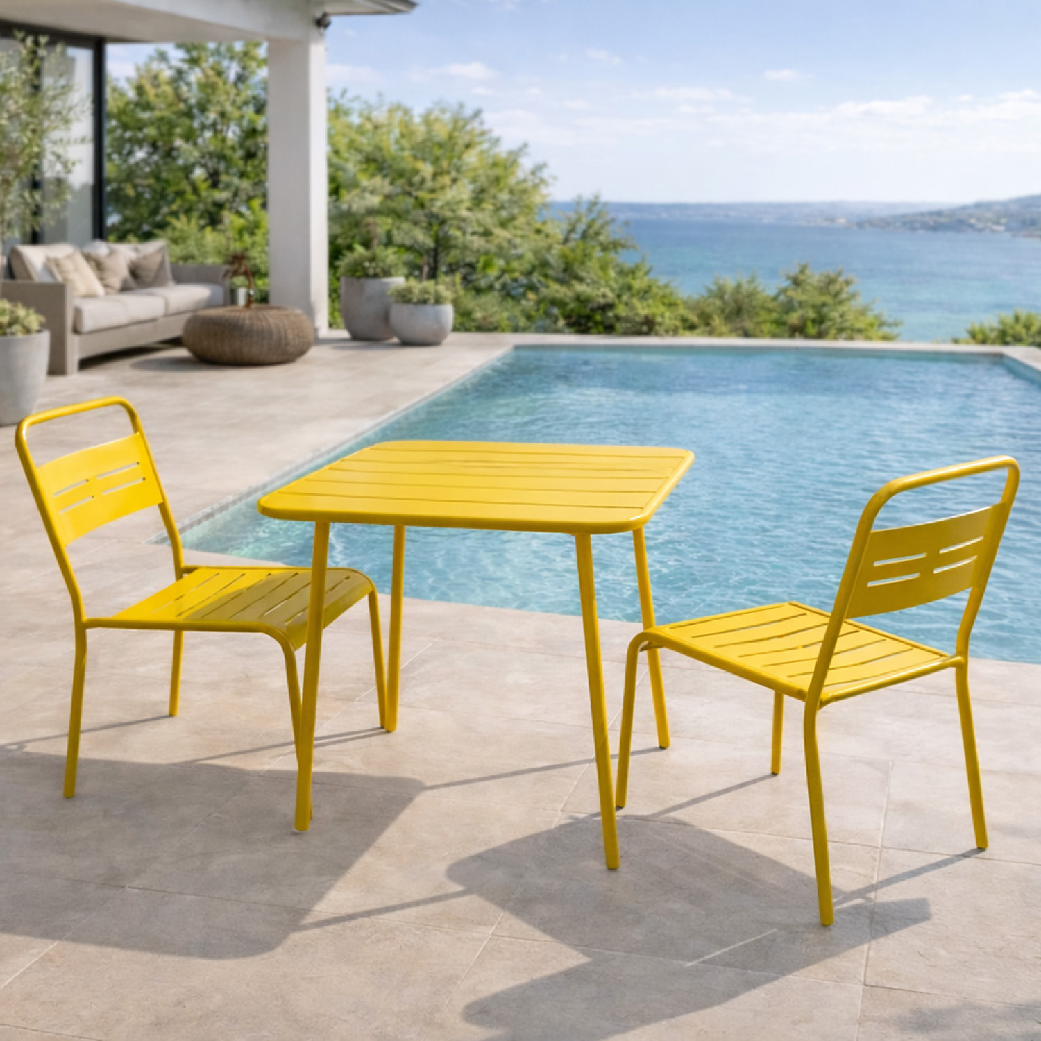 Ensemble table de jardin carrée 50cm et 2 chaises jaune EVORA