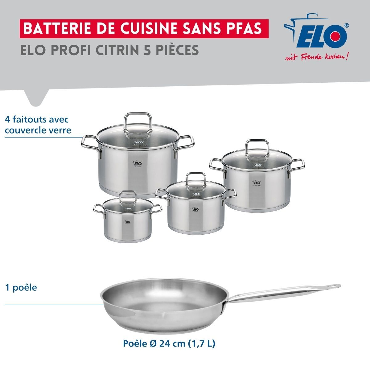 Ensemble de 1 Poêle de cuisson 24 cm et 4 faitouts Elo Profi Citrin