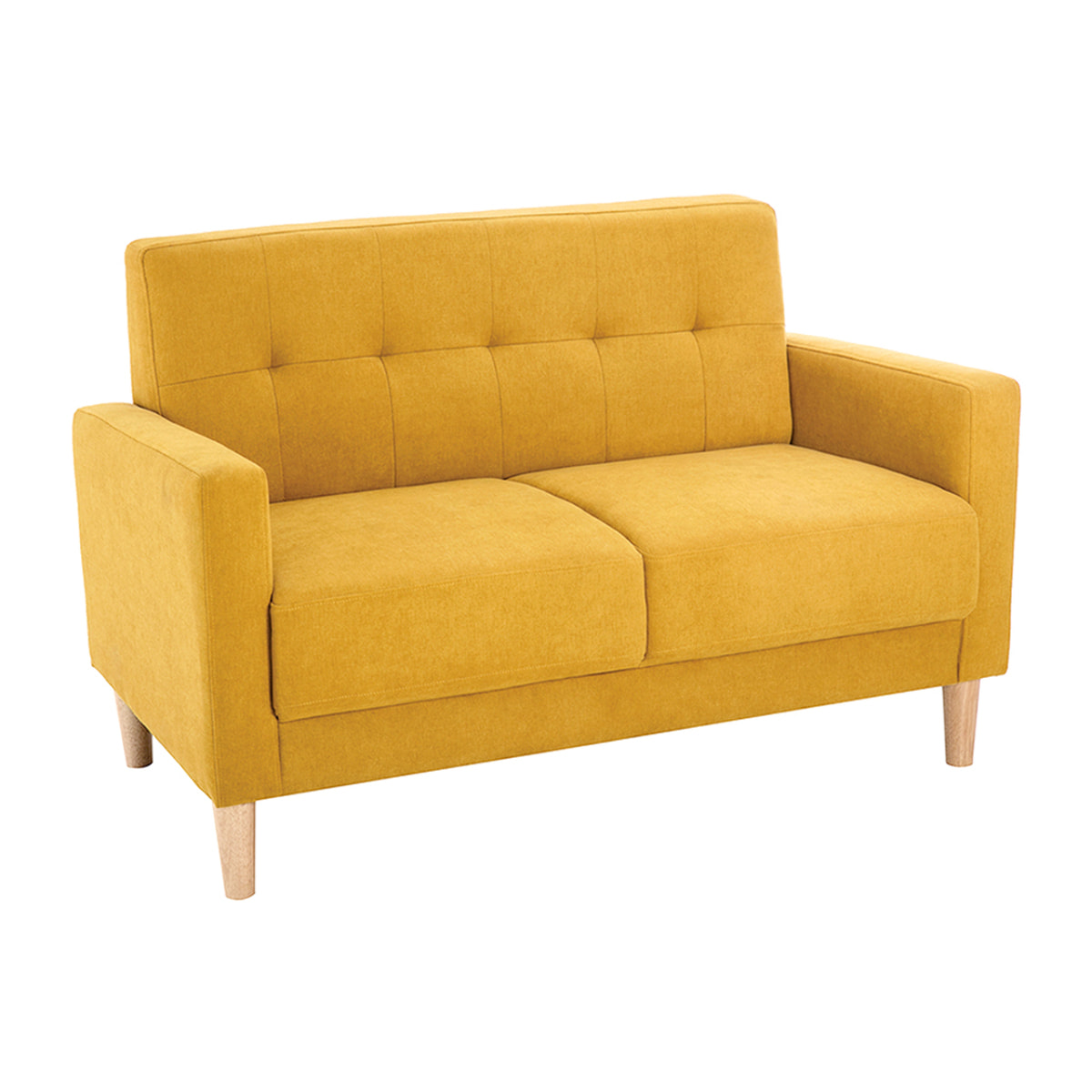 Canapé scandinave 2 places en tissu effet velours jaune moutarde et bois clair MOON
