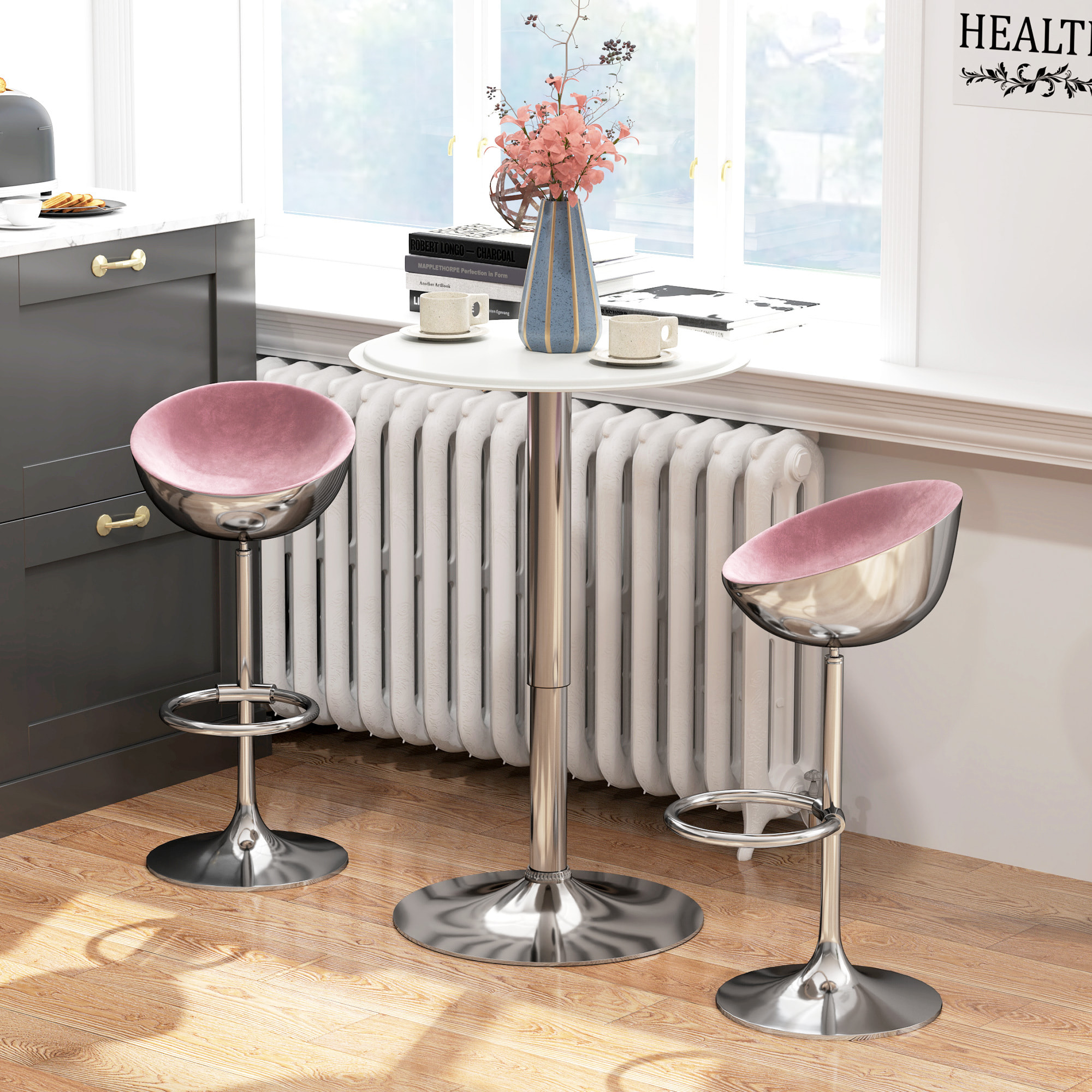 Table de bar table bistro chic style contemporain table ronde hauteur réglable 67-93 cm Ø 63 cm plateau pivotant 360° métal chromé PVC blanc