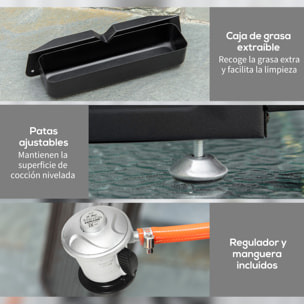 Plancha de Gas Sobremesa con 2 Quemadores de Acero Inoxidable 6kW Barbacoa Portátil con Plancha para Picnic Camping 48,5x48x21cm Negro Plata