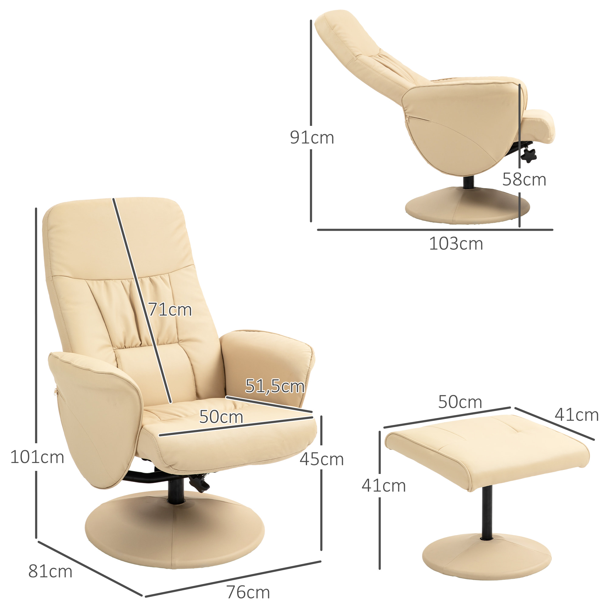 Fauteuil relax inclinable pivotant style contemporain avec repose-pied revêtement synthétique beige