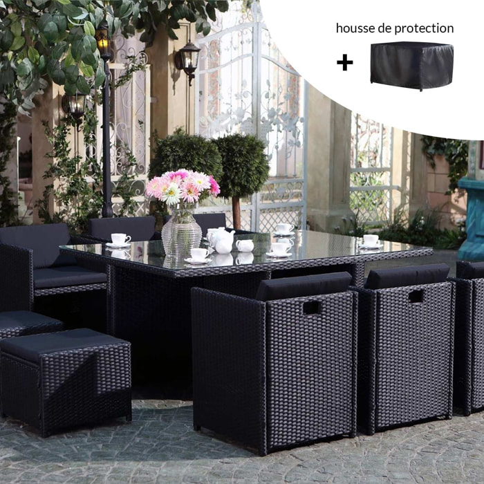 Salon de jardin 10 places noir/noir + housse de protection REGINA