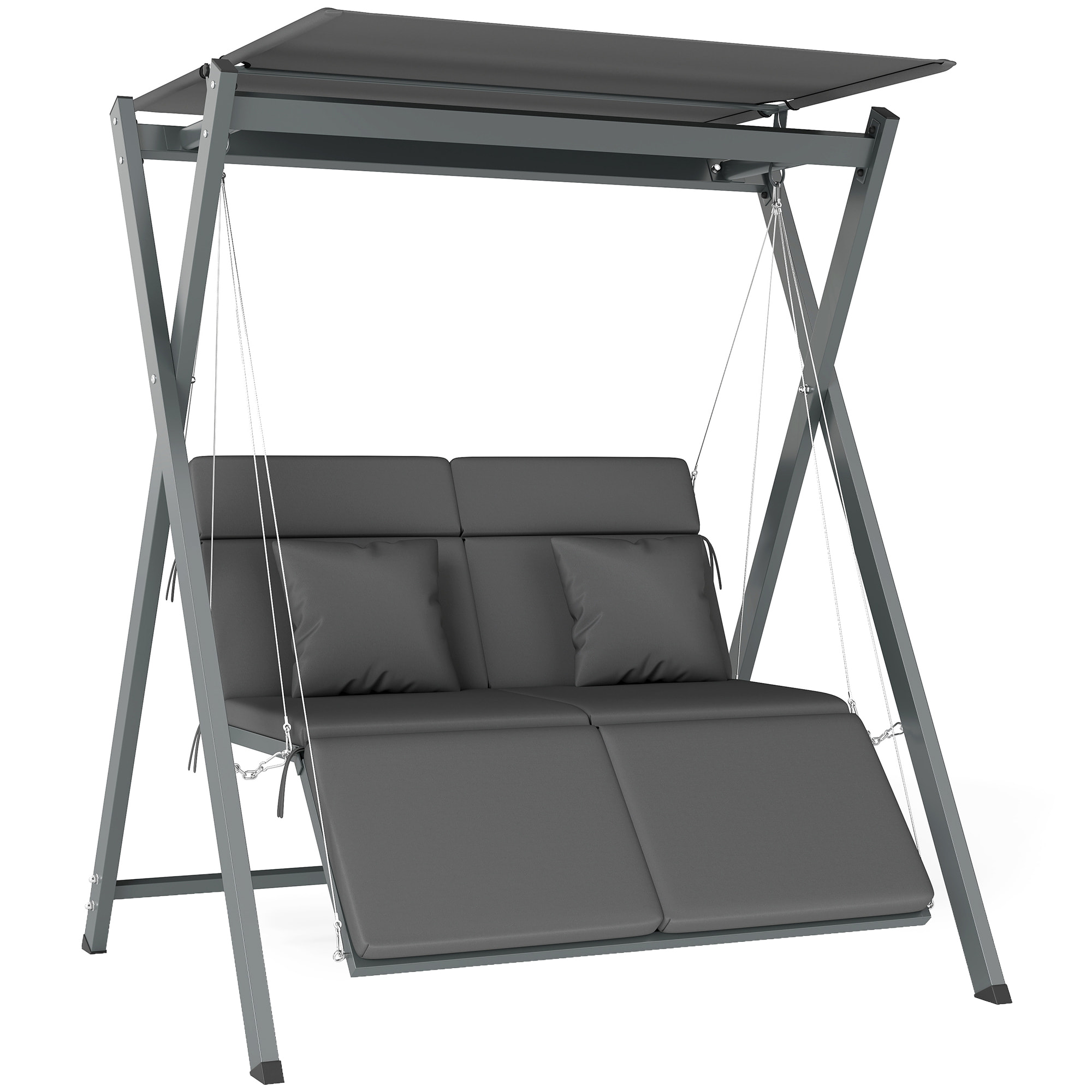 Columpio de Jardín Exterior de 2 Plazas Balancín de Jardín Exterior Convertible en Cama con Toldo Ajustable Protección UV30+ y Cojines Carga 220 kg 142x130x168 cm Gris Oscuro