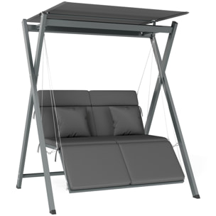 Columpio de Jardín Exterior de 2 Plazas Balancín de Jardín Exterior Convertible en Cama con Toldo Ajustable Protección UV30+ y Cojines Carga 220 kg 142x130x168 cm Gris Oscuro