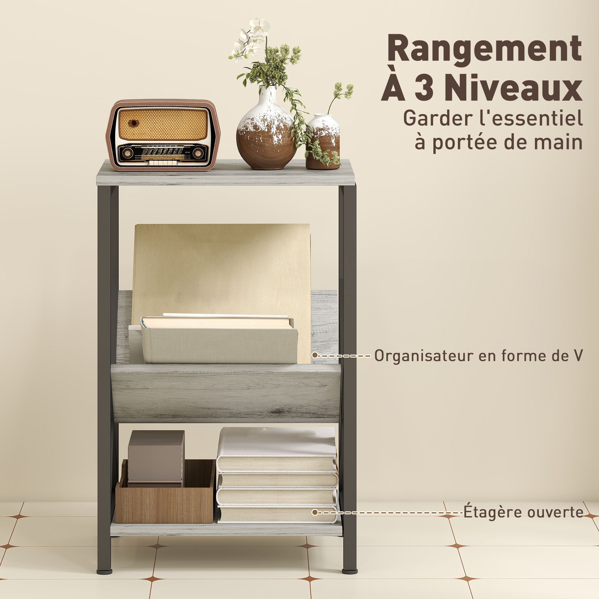 Bout de canapé design effet bois gris acier porte-revues en V étagère