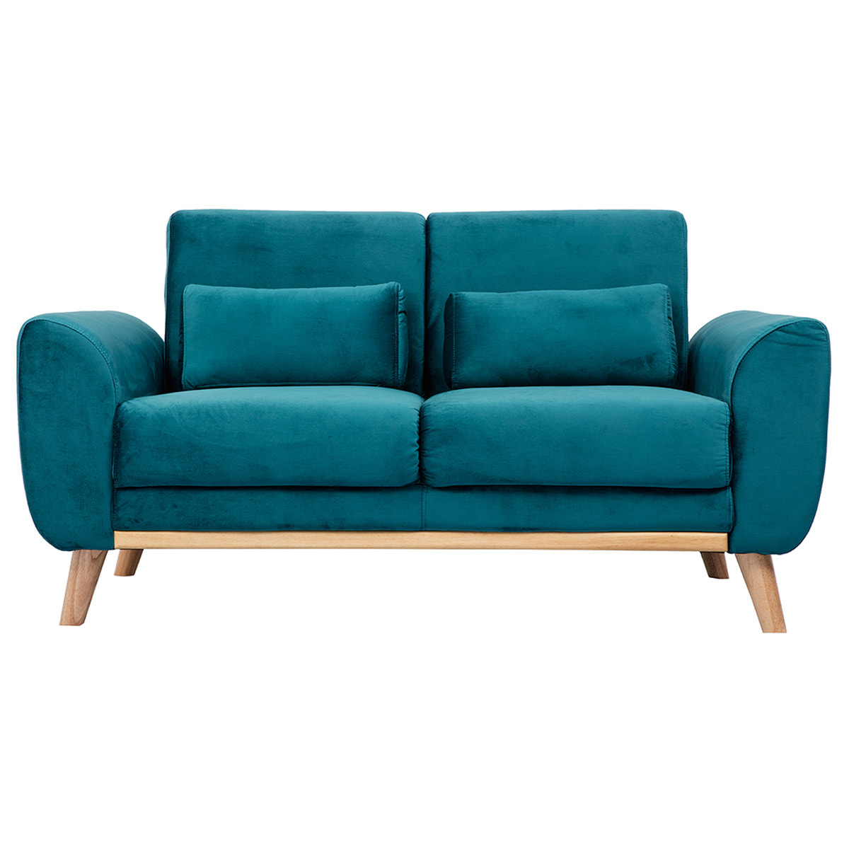 Canapé scandinave 2 places en tissu velours bleu pétrole et bois clair EKTOR