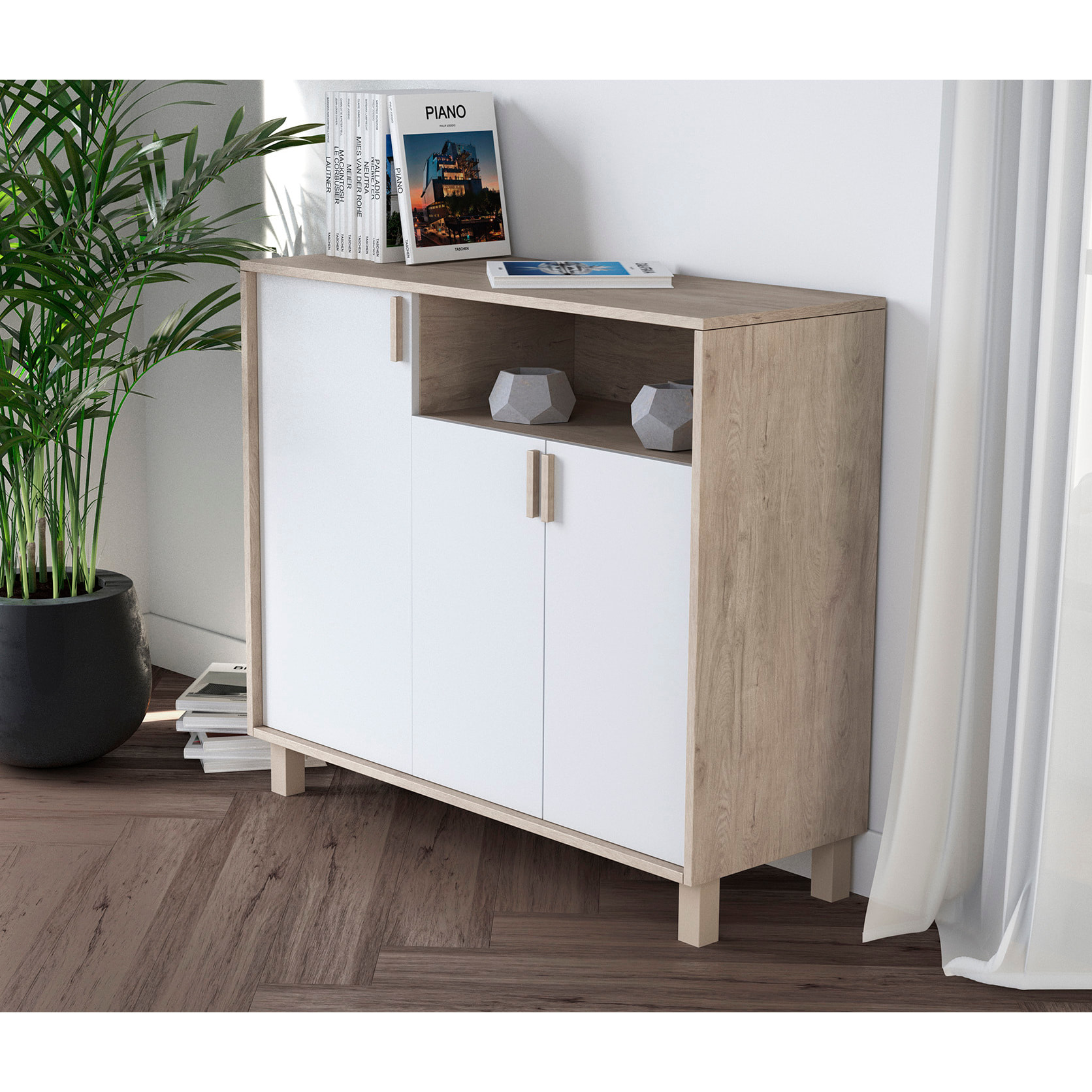 Zapatero Dyrnes melamina roble claro puertas blanco 88x100x37 cm