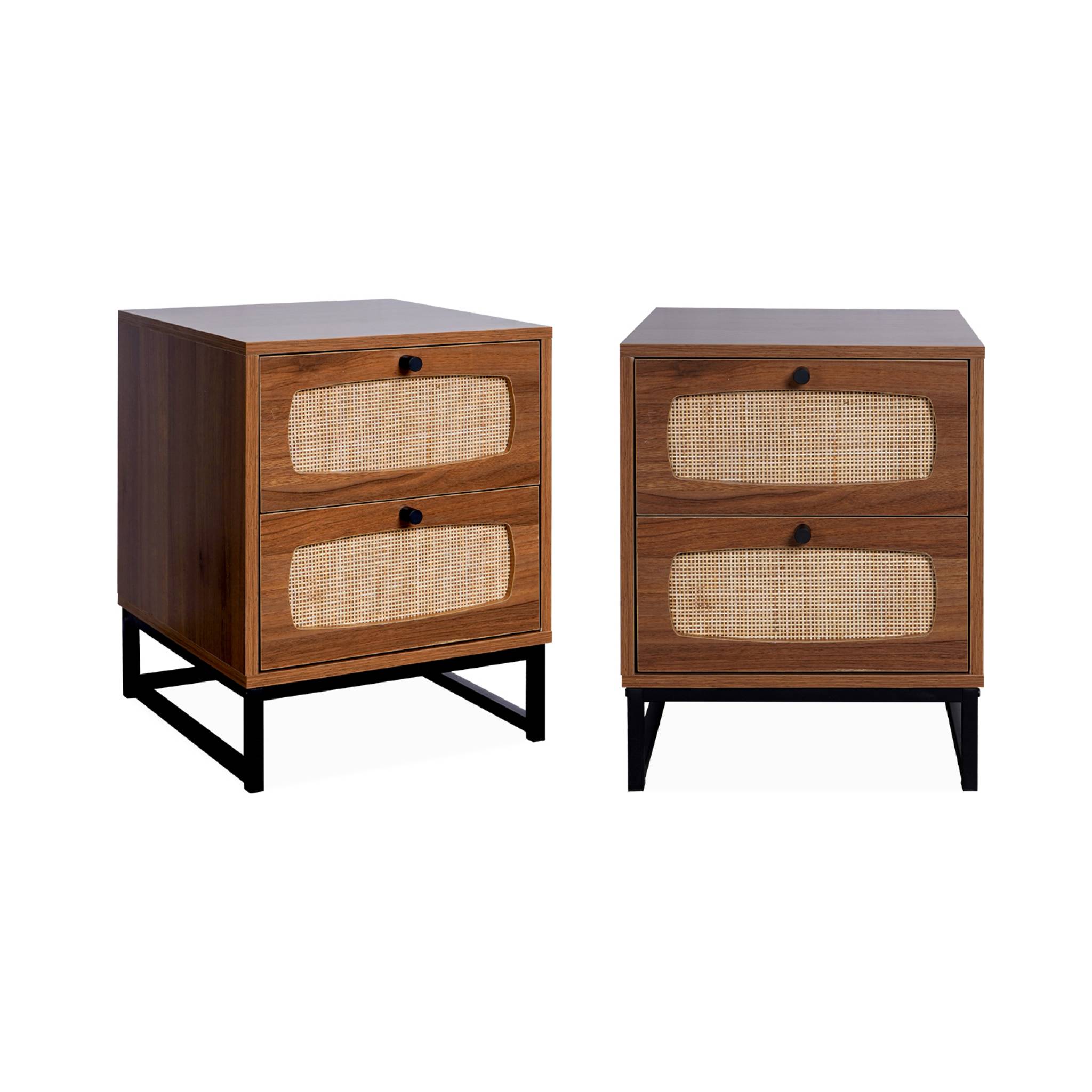 Lots de 2 tables de chevet en décor bois et cannage avec pieds et poignées en métal noir