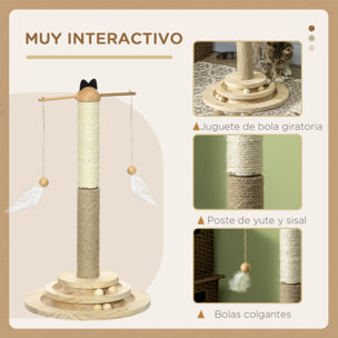 Árbol Rascador para Gatos de Madera Altura 56 cm Torre para Gatos Centro de Actividades para Gatitos con Poste de Yute y Sisal Bolas para Jugar Ø32x56 cm Natural