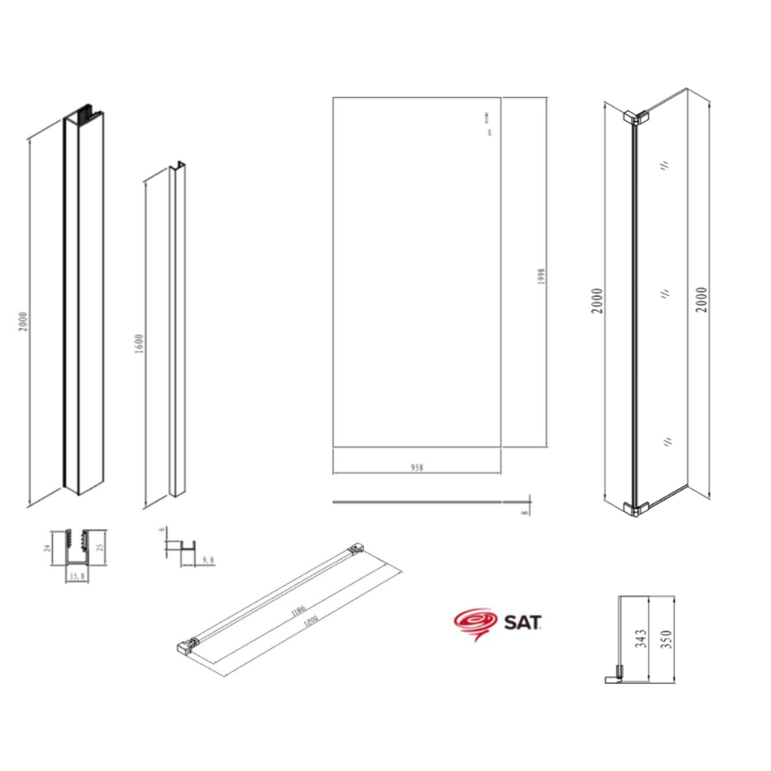 Walk-in 100x200cm Paroi et retour pivotant en verre Crystal Glass® 8 mm anticalcaire , avec bras et profilés noir mat