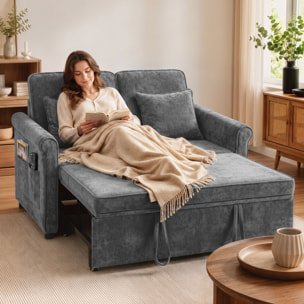 Sofá Cama 2 Plazas 3 en 1, Sofá Cama de Tejido Chenilla con Respaldo Ajustable 5 Niveles, Bolsillos Laterales, 2 Cojines y Reposabrazos Redondeados para Sala de Estar, Espacios Pequeños, Gris